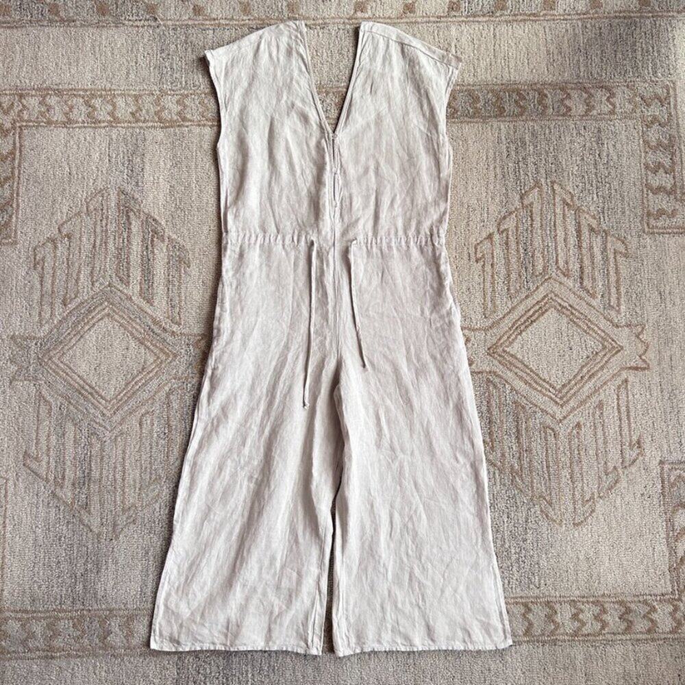 Linen Wide Leg Jumpsuit Coastal Minimal Euro Summer Neutral Pockets Women M - Picture 2 of 15